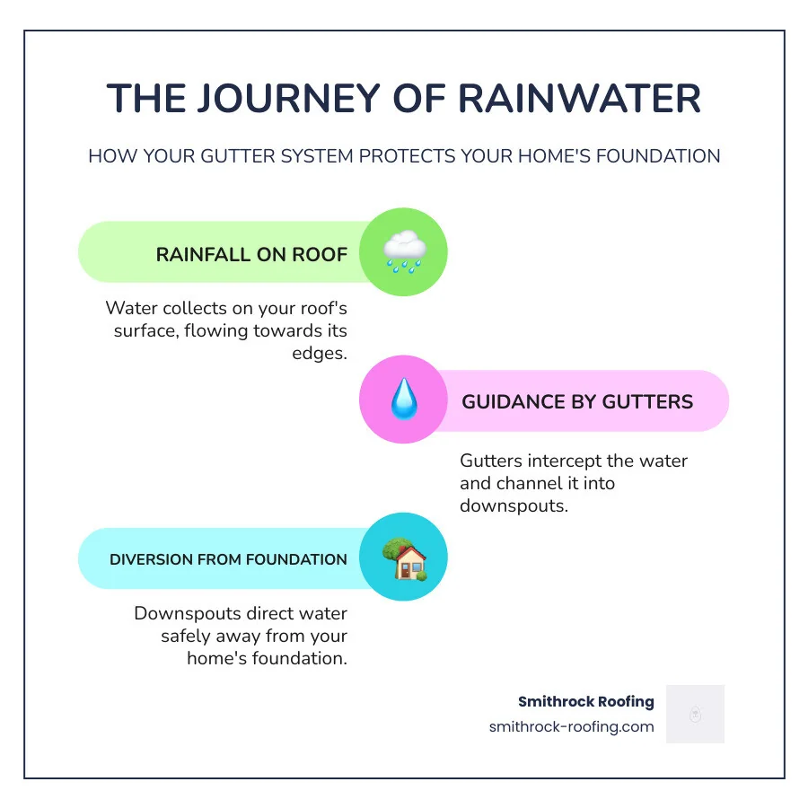 Infographic showing rainwater flowing from roof, through gutters and downspouts, away from foundation - gutter installation services near me infographic infographic-line-3-steps-colors Infographic showing rainwater flowing from roof through gutters and downspouts, protecting your home's foundation.
