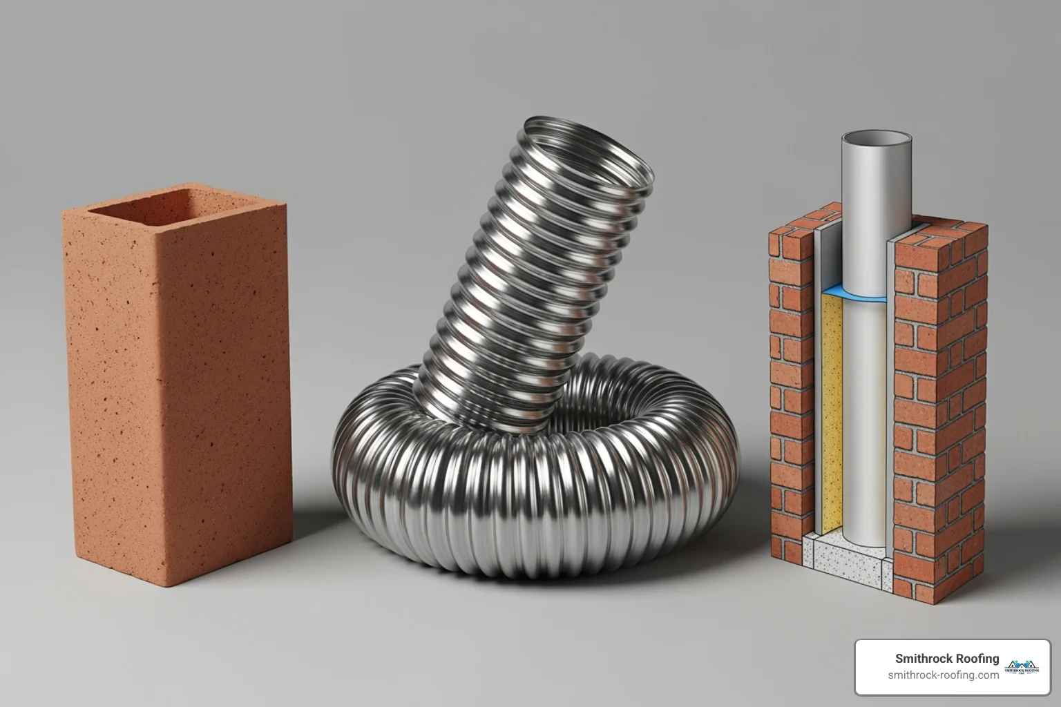 Image showing different types of flue liners, such as a standard clay tile next to a flexible stainless steel liner, and a diagram of a cast-in-place liner system - 13x13 clay flue tile Comparison of 13x13 clay flue tile, flexible stainless steel liner, and cast-in-place liner system diagram