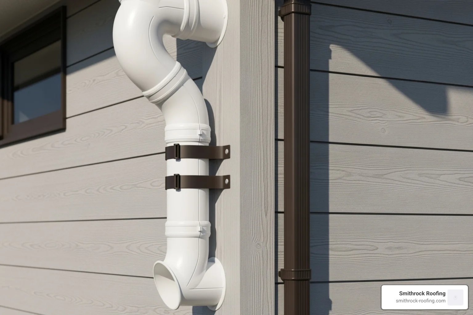 fully assembled downspout with elbows and straps against a wall - gutter and downspout installation fully assembled downspout with elbows and straps against a wall - gutter and downspout installation