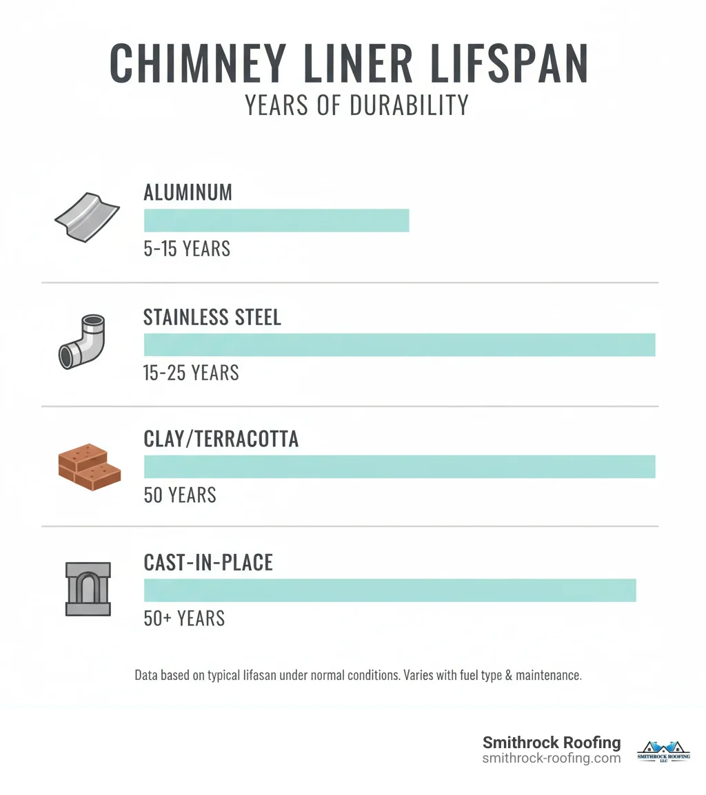 infographic showing the lifespan of different chimney liner materials including aluminum, stainless steel, clay, and cast-in-place - chimney liner installation cost infographic Infographic comparing lifespan of chimney liner materials—aluminum, stainless steel, clay, and cast-in-place—affecting instal