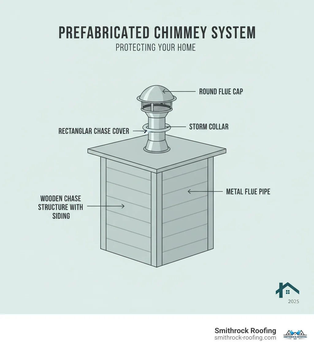 Infographic showing a cutaway view of a prefabricated chimney system with labeled components: the wooden chase structure with siding, the metal flue pipe running through the center, the large rectangular chase cover protecting the top of the chase, the round flue cap sitting on the pipe, and the storm collar sealing the gap between the pipe and chase cover - prefabricated chimney caps infographic Cutaway infographic of a prefabricated chimney system showing chase, flue pipe, chase cover, flue cap, and storm collar compo