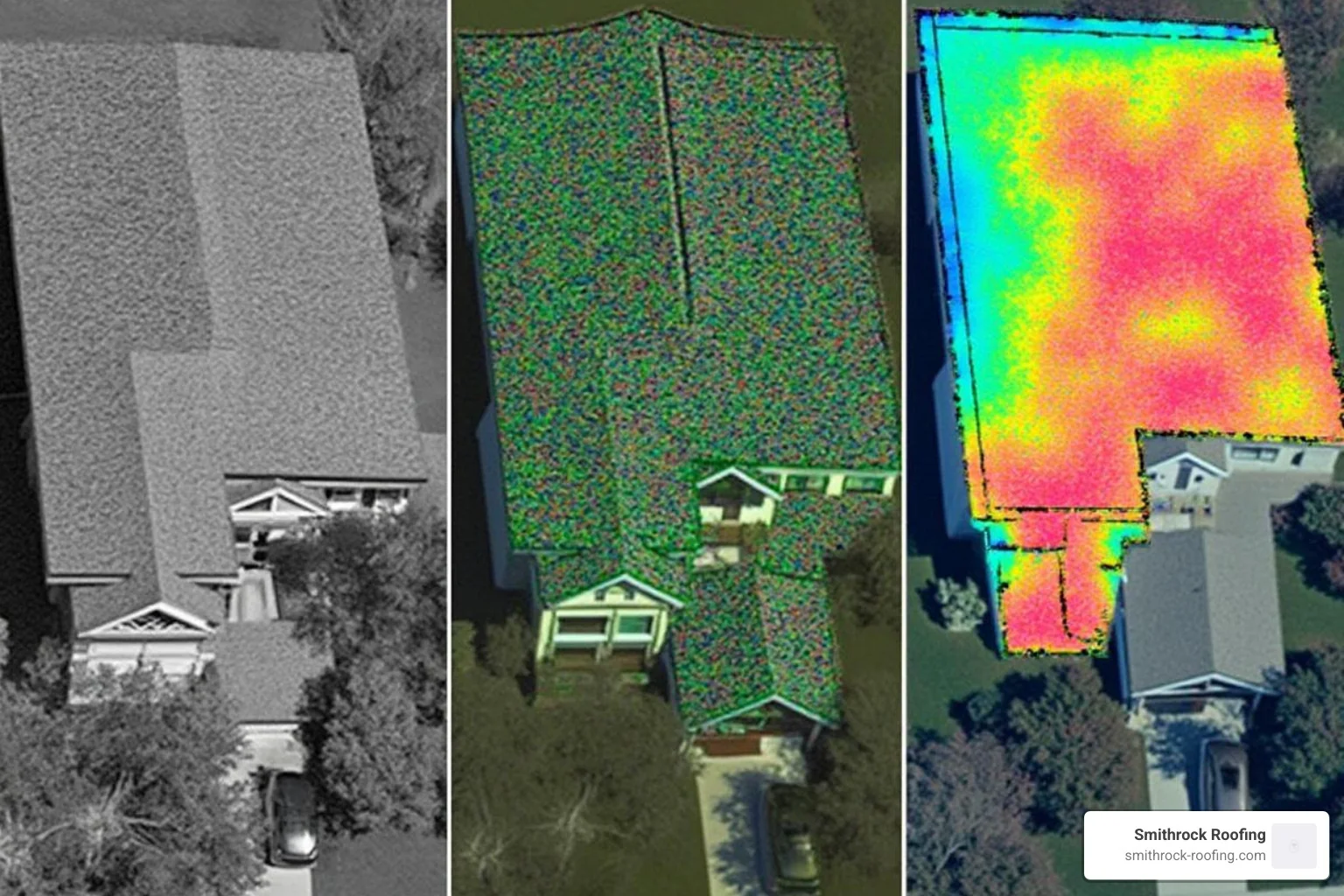 collage showing a high-res photo, a 3D model, and a thermal map from a drone inspection - drone roof inspections collage showing a high-res photo, a 3D model, and a thermal map from a drone inspection - drone roof inspections