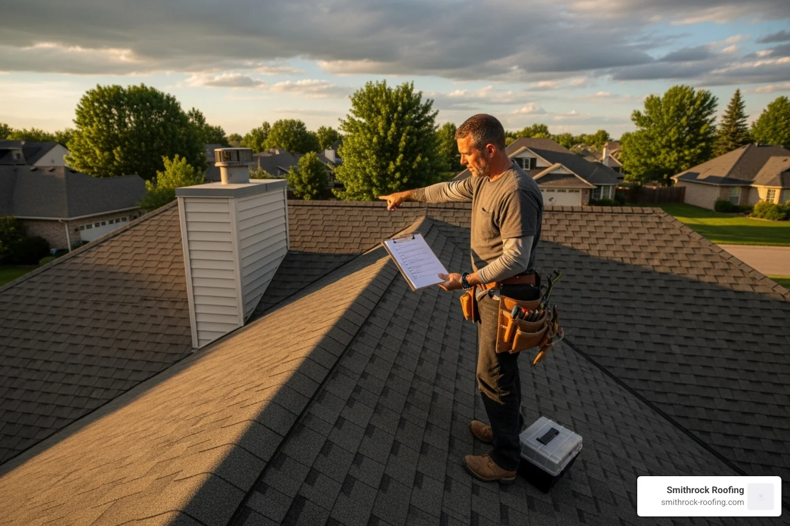 A roofer inspecting a roof with a checklist - local metal roofers near me A roofer inspecting a roof with a checklist - local metal roofers near me