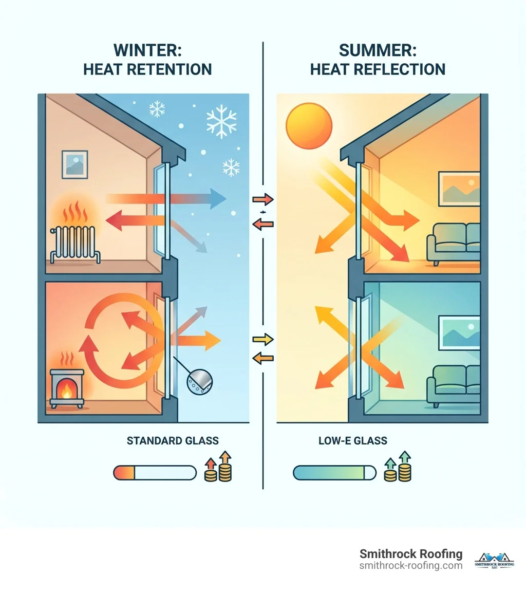 infographic showing how Low-E glass coating reflects infrared heat back into the home during winter and reflects solar heat away during summer, with arrows indicating heat direction and a comparison between standard glass and Low-E glass thermal performance - insulated low e glass infographic Infographic comparing Low-E glass vs standard glass, showing how the coating reflects heat inward in winter and outward in su