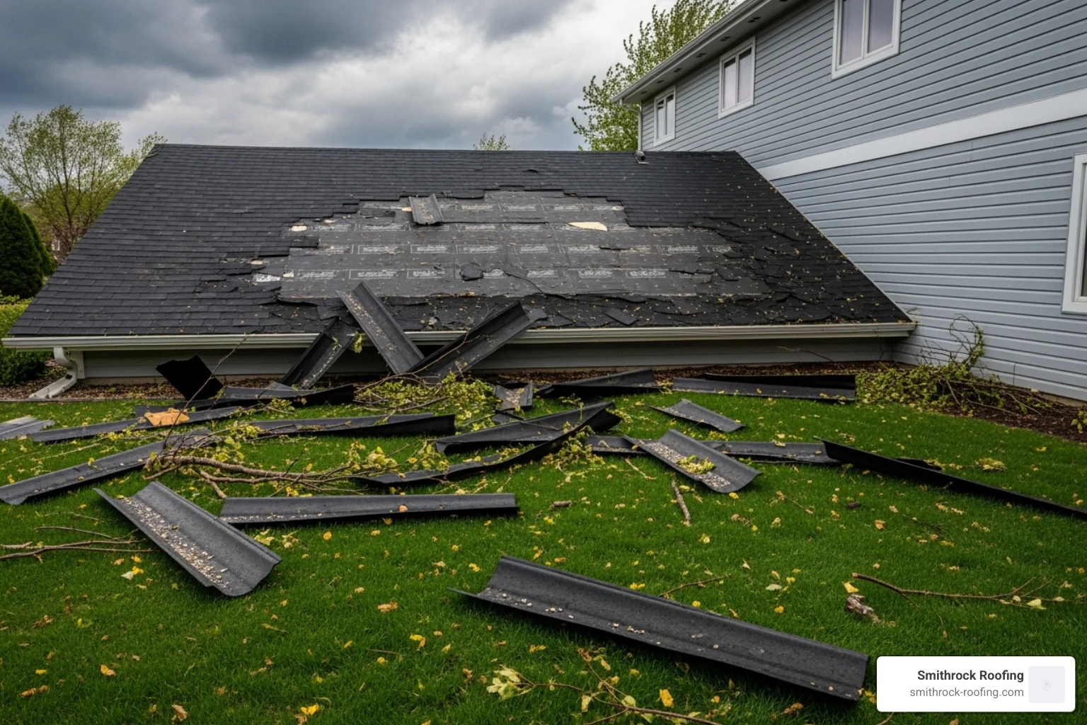 missing shingles on the ground next to a house - wind damage to roof missing shingles on the ground next to a house - wind damage to roof