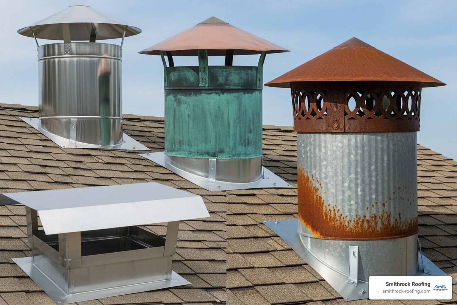 different materials (gleaming stainless steel, aged copper, rusted galvanized) and styles (a simple flat cover vs. an ornate decorative shroud) - prefabricated chimney caps Prefabricated chimney caps in stainless steel, copper, and galvanized metal, from flat covers to ornate decorative shrouds.