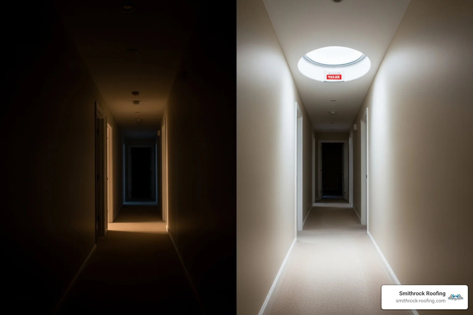 side-by-side comparison of a dark hallway before and after a Sun Tunnel installation - velux window installers near me side-by-side comparison of a dark hallway before and after a Sun Tunnel installation - velux window installers near me