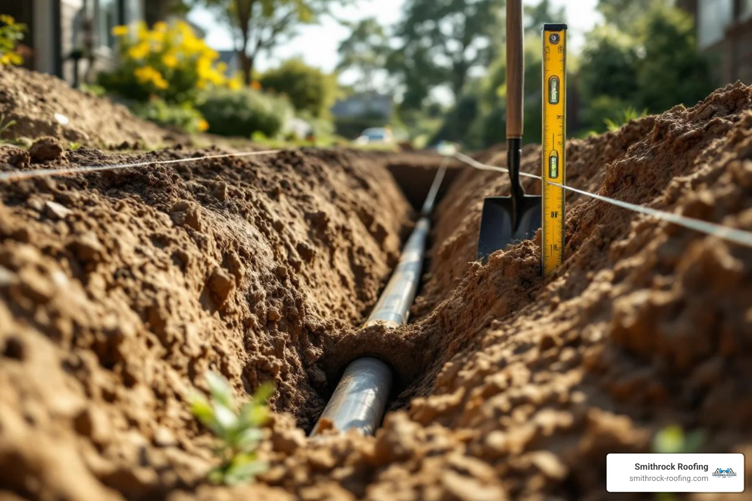 Trench being dug with a string line and level to demonstrate the proper slope for drainage - Buried downspout installation Trench being dug with a string line and level to demonstrate the proper slope for drainage - Buried downspout installation