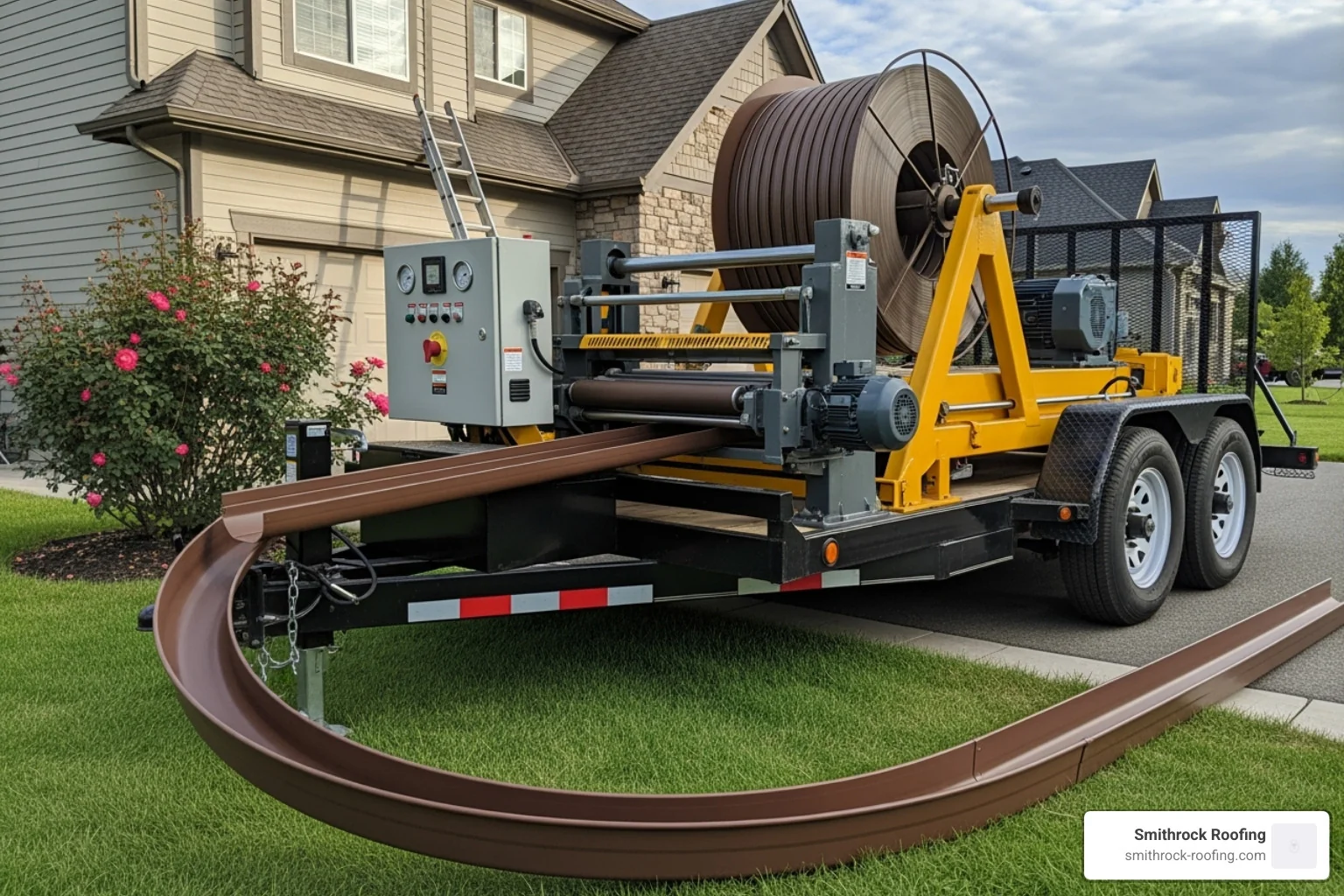 gutter machine on a trailer extruding a long piece of seamless gutter - seamless gutter installation gutter machine on a trailer extruding a long piece of seamless gutter - seamless gutter installation