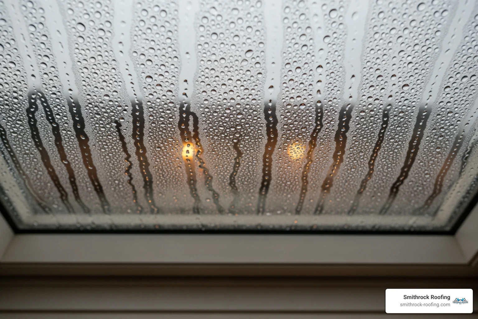 Condensation droplets on the inside of a skylight pane - common skylight leaks Condensation droplets on the inside of a skylight pane - common skylight leaks