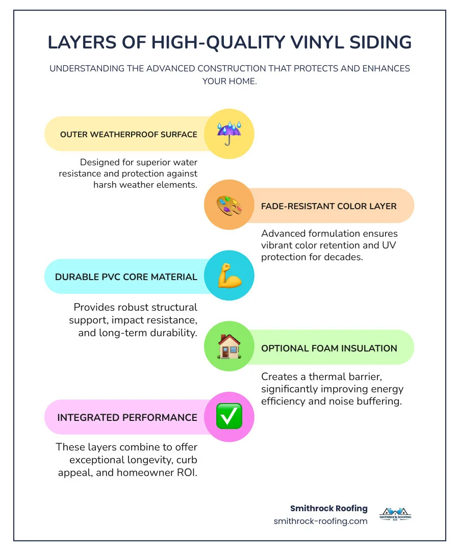 infographic showing vinyl siding layers including outer weatherproof surface, color coating layer, core PVC material, and optional foam insulation backing with labels for water resistance, UV protection, thermal barrier, and structural support - vinyl siding options styles infographic infographic-line-5-steps-colors Vinyl siding cross-section infographic showing weatherproof layers, UV protection, foam insulation, and PVC core structure.