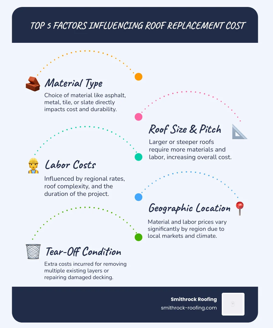 Infographic showing the top 5 factors that influence roof replacement cost: 1. Material Type (e.g., asphalt, metal, tile, slate) with cost ranges. 2. Roof Size & Pitch (larger or steeper roofs cost more). 3. Labor Costs (influenced by regional rates and complexity). 4. Geographic Location (varying material and labor prices by region). 5. Tear-Off Condition (extra costs for multiple layers or damaged decking). Each factor is represented by an icon and a brief description. - roof replacement cost 2500 sq ft infographic infographic-line-5-steps-blues-accent_colors Infographic outlining 5 factors affecting roof replacement cost by square footage: material, size, pitch, labor, location, an