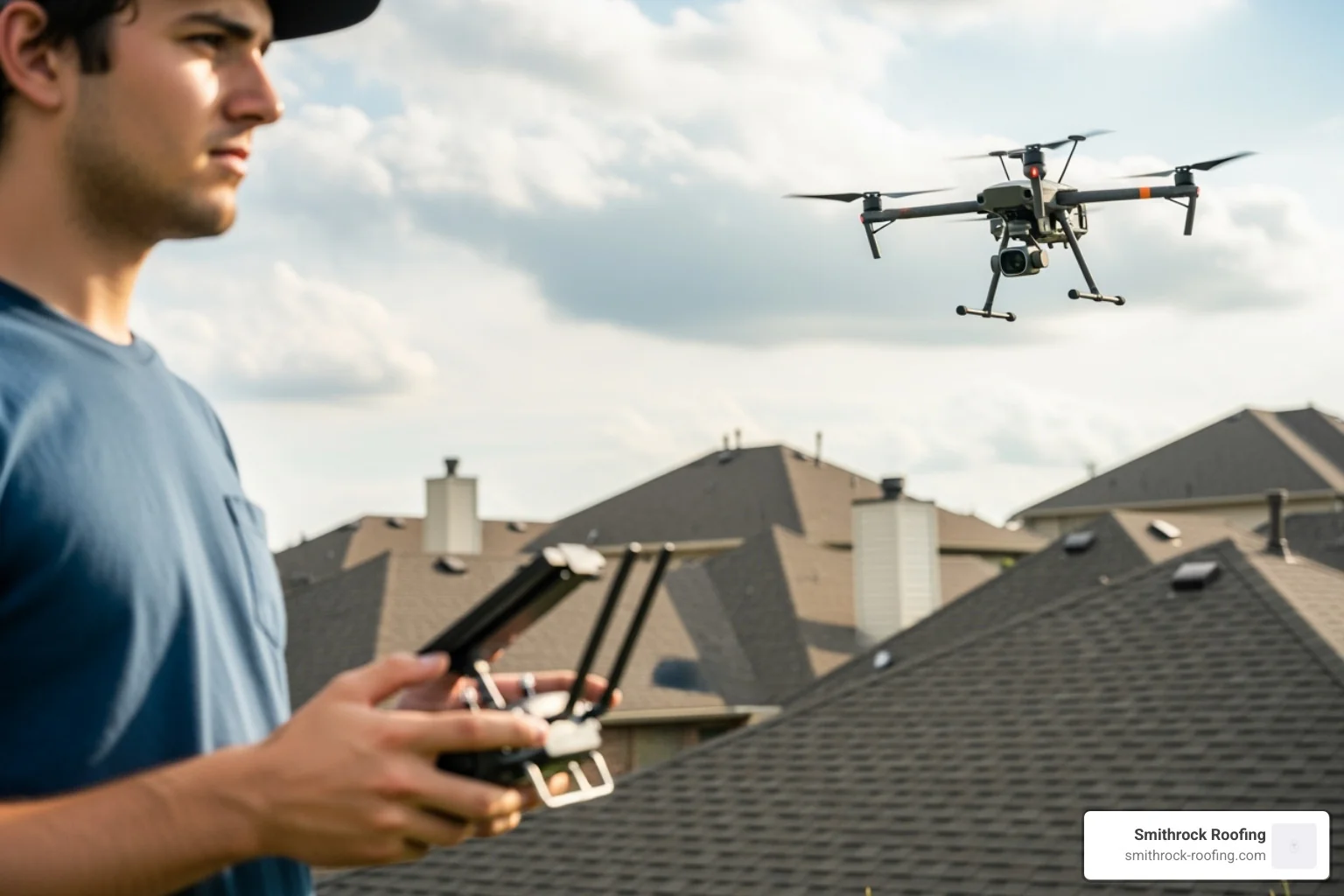 Drone pilot operating a controller with the drone and roof in the background - drone roof inspections Drone pilot operating a controller with the drone and roof in the background - drone roof inspections