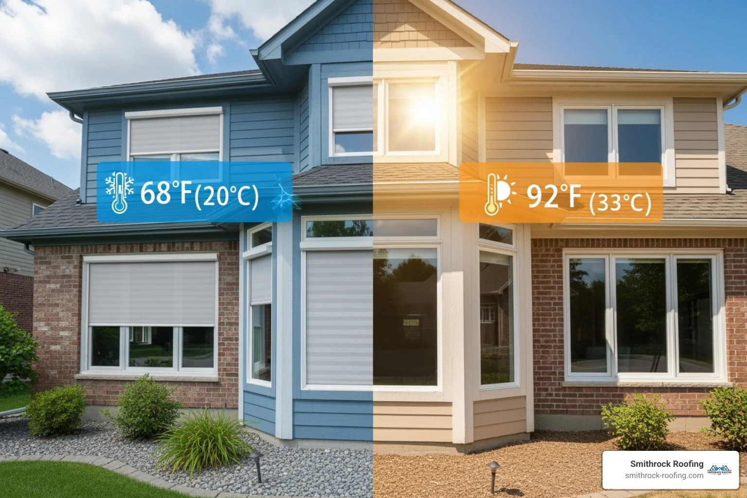 An illustration of a house with different window types, showing a thermometer indicating a cooler indoor temperature on one side of the house where energy-efficient blinds are installed, and a warmer temperature on the other side without them - best window blinds House illustration comparing indoor temperatures, showing energy-efficient window blinds keeping one side cooler than the oth