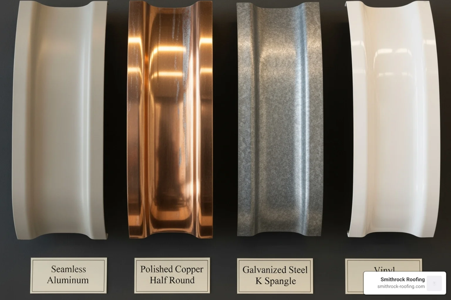 A display showing samples of different gutter materials: a section of seamless aluminum in a neutral color, a polished copper half-round section, a galvanized steel K-style section, and a white vinyl section. - gutter installation service Seamless aluminum, copper, galvanized steel, and vinyl gutter samples displayed side by side for professional gutter installa