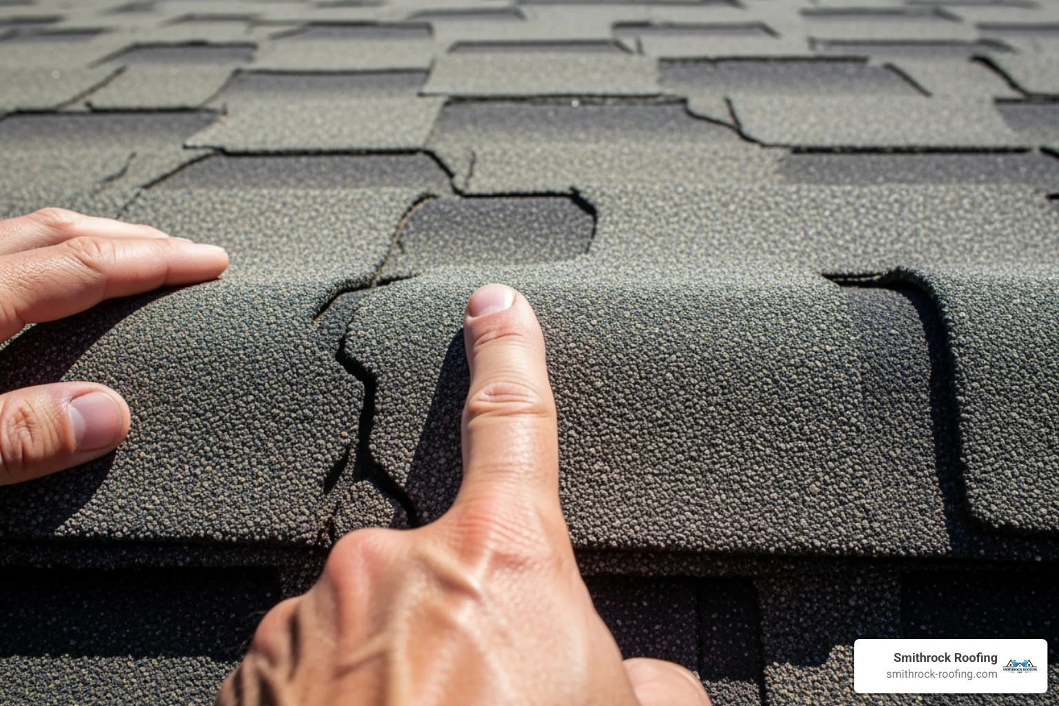 a hand pointing to curling and cracked asphalt shingles on a roof - roof replacement near me a hand pointing to curling and cracked asphalt shingles on a roof - roof replacement near me