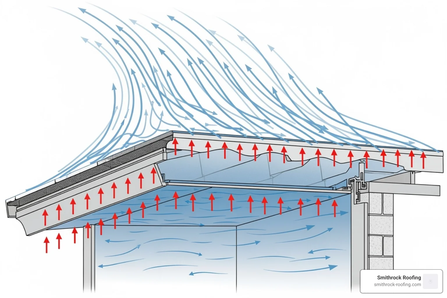 Diagram illustrating wind uplift pressure on a roof edge, showing air currents flowing over and under the roof, causing upward force - wind damage repair Diagram showing wind uplift pressure on a roof edge with air currents creating upward force, key concept in wind damage repai