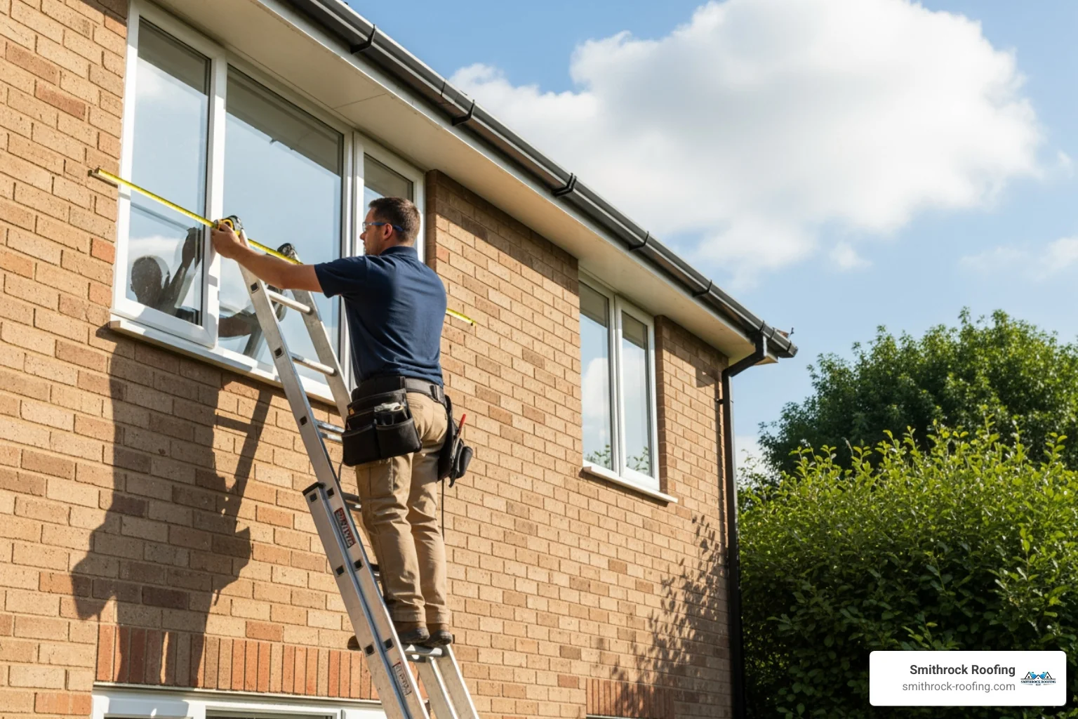 professional measuring a window on an upper floor - cost of replacing window frames