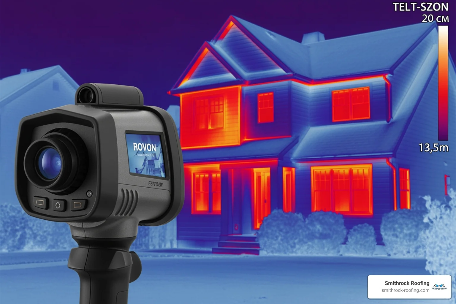 thermal imaging camera pointed at a house, showing heat loss in red and orange around windows and the attic - better home insulation thermal imaging camera pointed at a house, showing heat loss in red and orange around windows and the attic - better home insulation