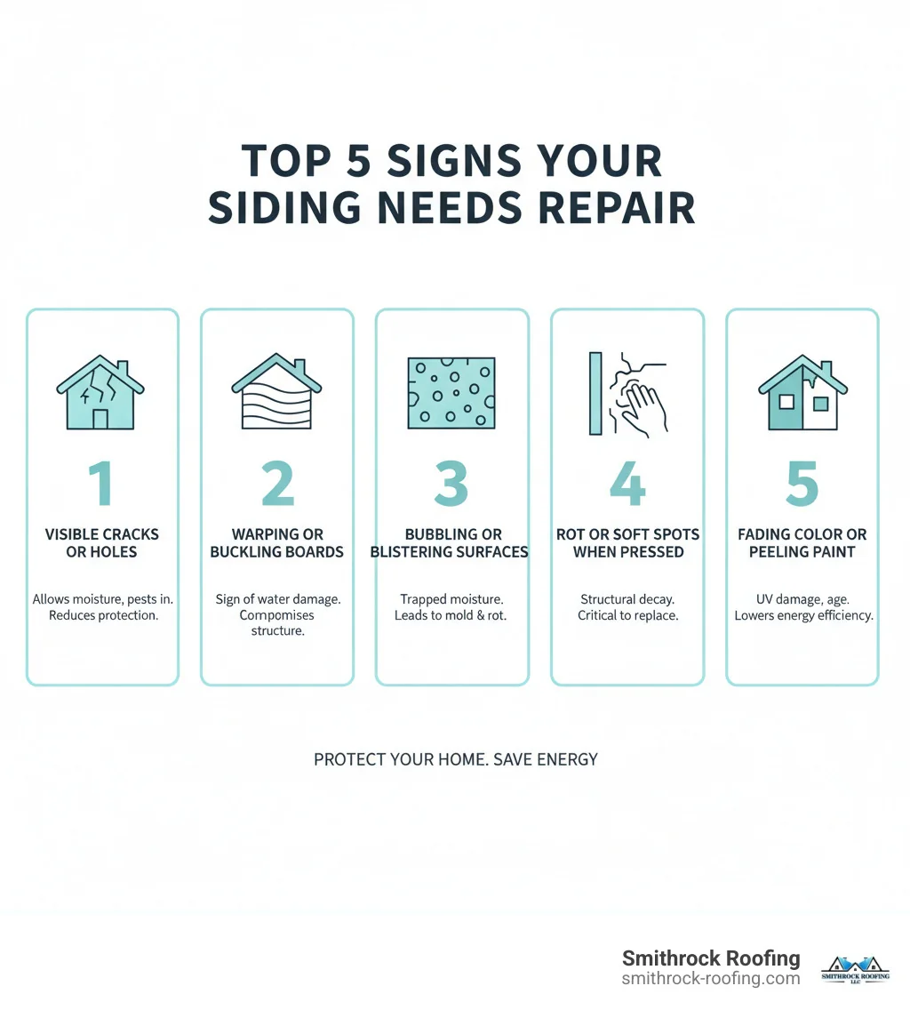 Infographic showing the top 5 signs your siding needs repair: 1) Visible cracks or holes in panels, 2) Warping or buckling boards, 3) Bubbling or blistering surfaces, 4) Rot or soft spots when pressed, 5) Fading color or peeling paint. Each sign includes a small illustration and brief explanation of why it matters for home protection and energy efficiency. - siding repair infographic Infographic listing 5 signs your siding needs repair, including cracks, warping, bubbling, rot, and fading paint.