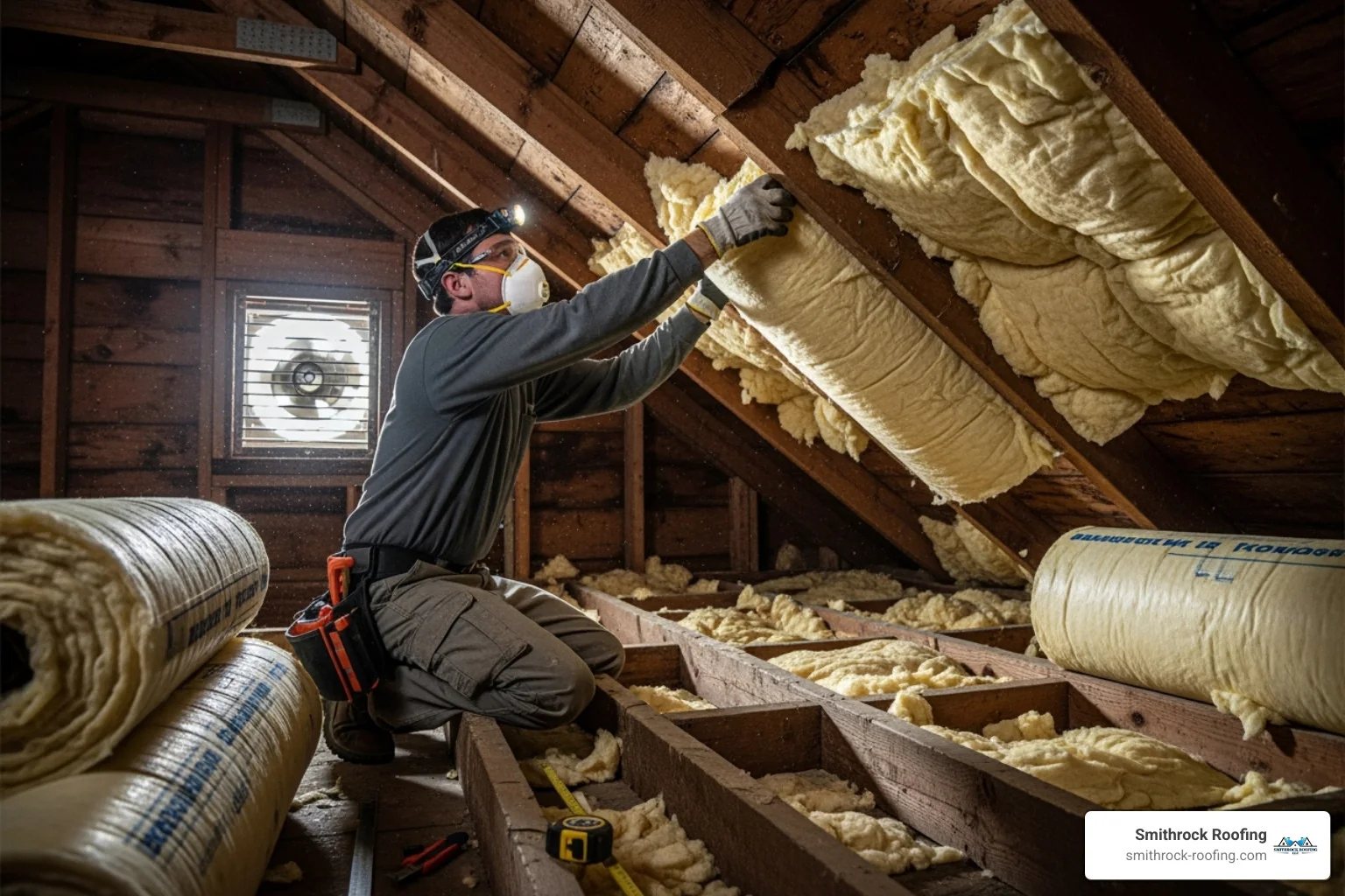 of insulation being installed in an attic - energy efficient upgrades of insulation being installed in an attic - energy efficient upgrades