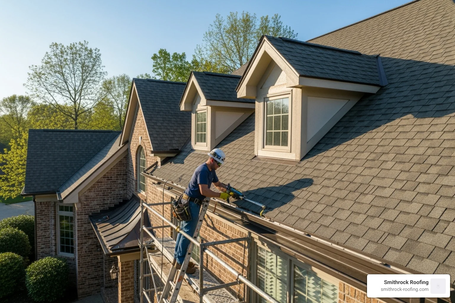 professional installer working on a complex, multi-story roofline - cost to install leaf guard gutters professional installer working on a complex, multi-story roofline - cost to install leaf guard gutters