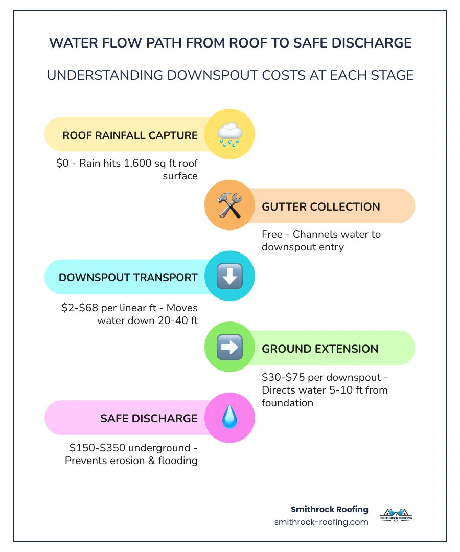 Infographic showing water flow path from roof to gutter to downspout to ground discharge point with cost ranges - Downspout Infographic showing water flow path from roof to gutter to downspout to ground discharge point with cost ranges - Downspout