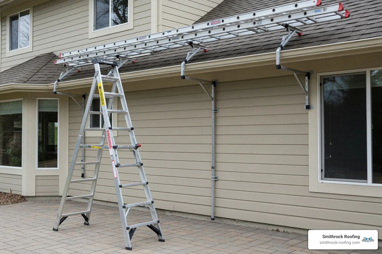 Proper ladder safety setup against a house for gutter work, showing a ladder securely placed on level ground, extending several feet above the roofline, with a standoff attachment to prevent damage to the gutters and ensure stability. - exterior gutters Ladder with standoff attachment secured on level ground, extending above roofline for safe exterior gutter replacement work.