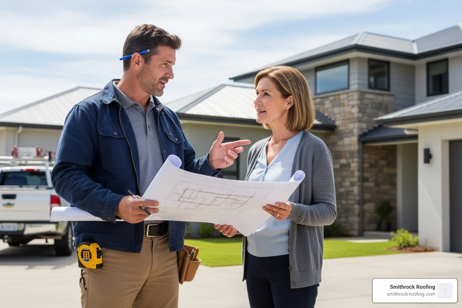 professional contractor discussing plans with a homeowner - gutter installation contractor professional contractor discussing plans with a homeowner - gutter installation contractor