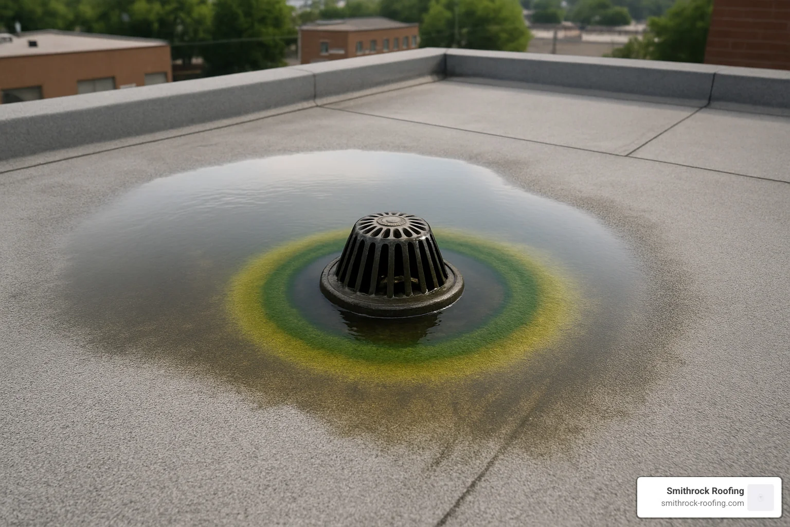 algae ring formation around roof drain - ponding and vegetation on roof algae ring formation around roof drain - ponding and vegetation on roof