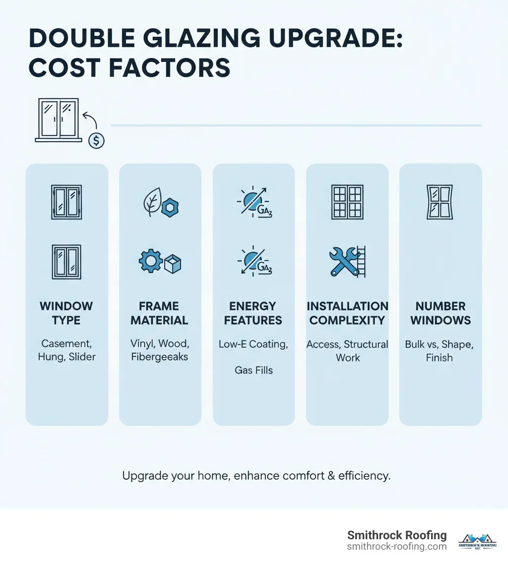 Infographic detailing factors influencing the cost of replacing single glazed windows with double glazing, including window type, frame material, energy-efficient features, installation complexity, number of windows, and customization options. - cost of replacing single glazed windows with double glazing infographic Infographic showing key factors affecting window upgrade costs, from frame materials to energy-efficient glazing options.