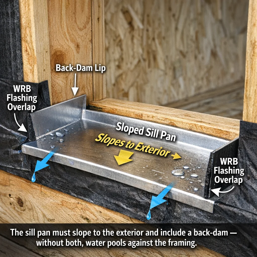 Cross-section of a window sill pan showing exterior slope, back-dam lip, and WRB flashing overlap during window installation.