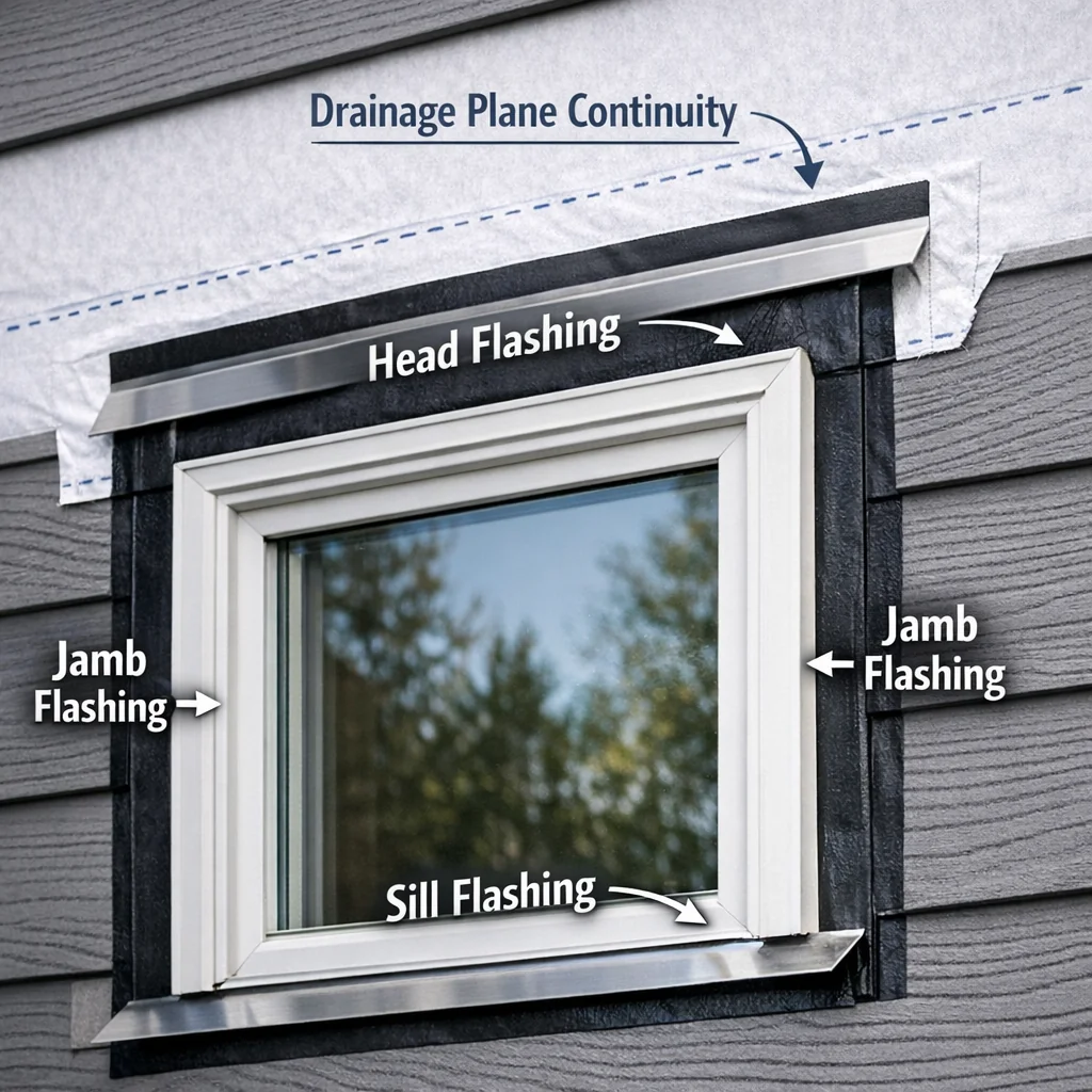 Close-up of window flashing layers on fiber cement siding, showing sill, jamb, and head flashing for proper drainage when add