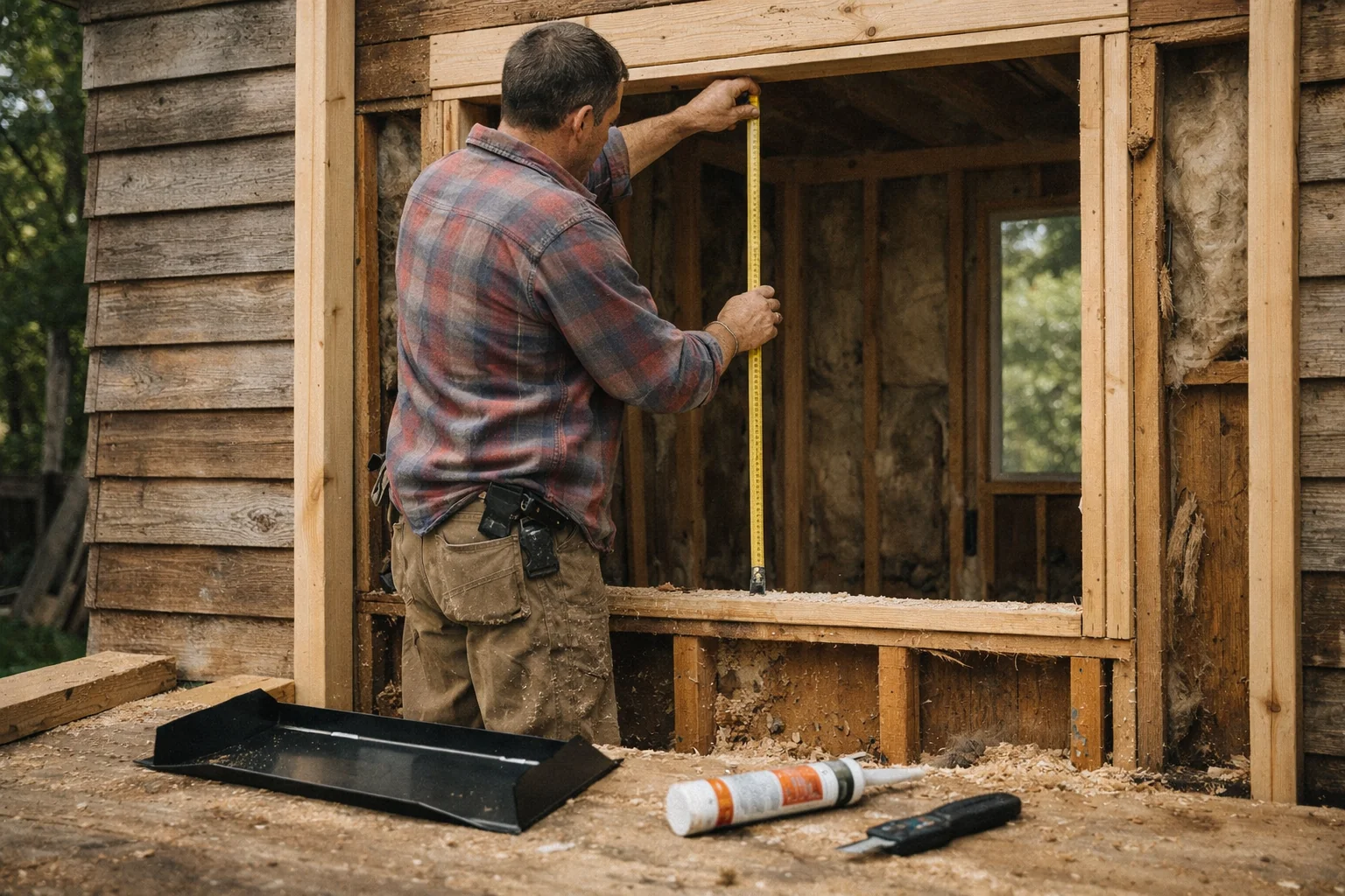 Contractor adding a window to a house exterior wall, showing rough opening framing and header installation.