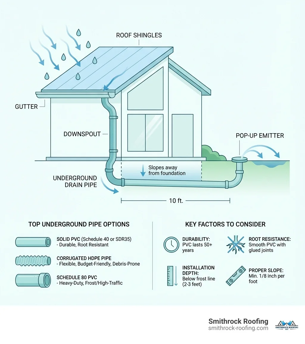 Infographic showing rainwater flowing from roof shingles into a gutter, down through a downspout attached to the house exterior, connecting to an underground drain pipe that slopes away from the foundation, and discharging water safely 10 feet away through a pop-up emitter - downspout drain pipe infographic Infographic showing rainwater flowing from roof gutters through a downspout into underground drain pipe, discharging 10 feet