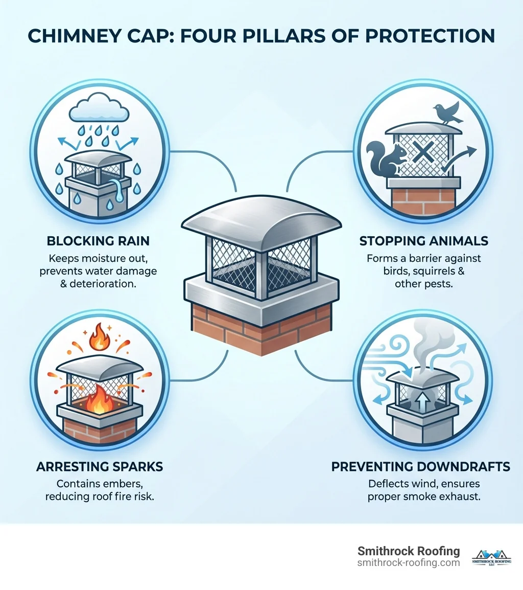 Infographic explaining the four main functions of a chimney cap: blocking rain, stopping animals, arresting sparks, and preventing downdrafts. - 13x13 chimney cap infographic Infographic showing a 13x13 chimney cap's four functions: blocking rain, stopping animals, arresting sparks, and preventing d