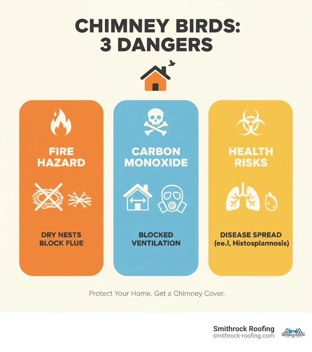 Infographic showing the top 3 dangers of birds in chimneys: fire hazard from dry nesting materials blocking the flue, carbon monoxide poisoning from blocked ventilation causing deadly gas backup into the home, and health risks from bird droppings carrying diseases like histoplasmosis and psittacosis that can cause serious respiratory infections - chimney covers to stop birds infographic Infographic showing 3 dangers of birds in chimneys: fire hazards, carbon monoxide poisoning, and disease risks from droppings