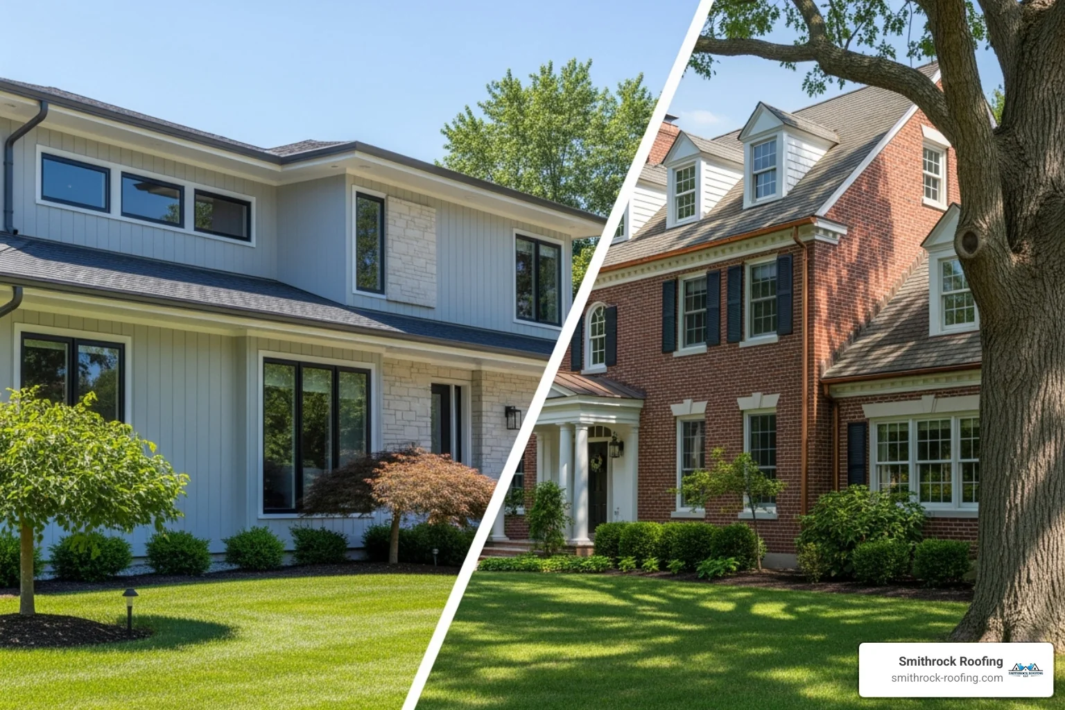 K-style and Half-round gutters are shown on different style homes. K-style gutters are on a modern suburban house with clean lines, while half-round gutters are featured on a classic, a brick colonial home, highlighting their aesthetic compatibility. - exterior gutters K-style gutters on a modern suburban home and half-round gutters on a brick colonial, showcasing exterior gutter styles.