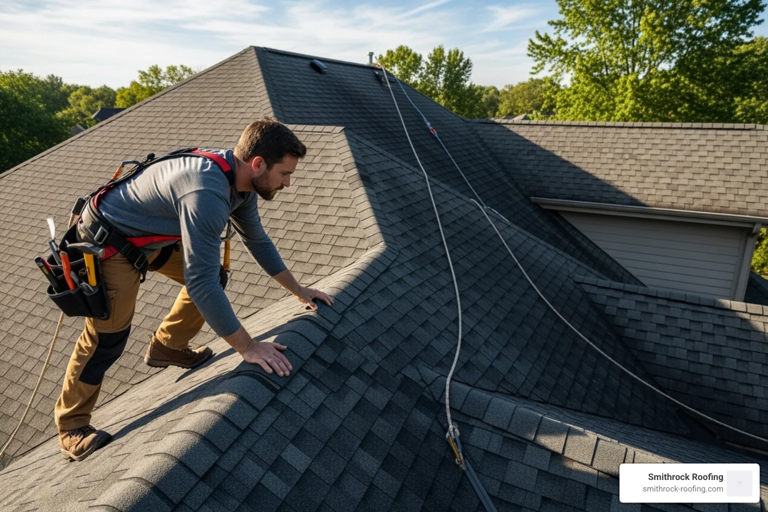 A professional roofer safely harnessed while inspecting a roof, emphasizing safety and expertise - hail damage home repair A professional roofer safely harnessed while inspecting a roof, emphasizing safety and expertise - hail damage home repair