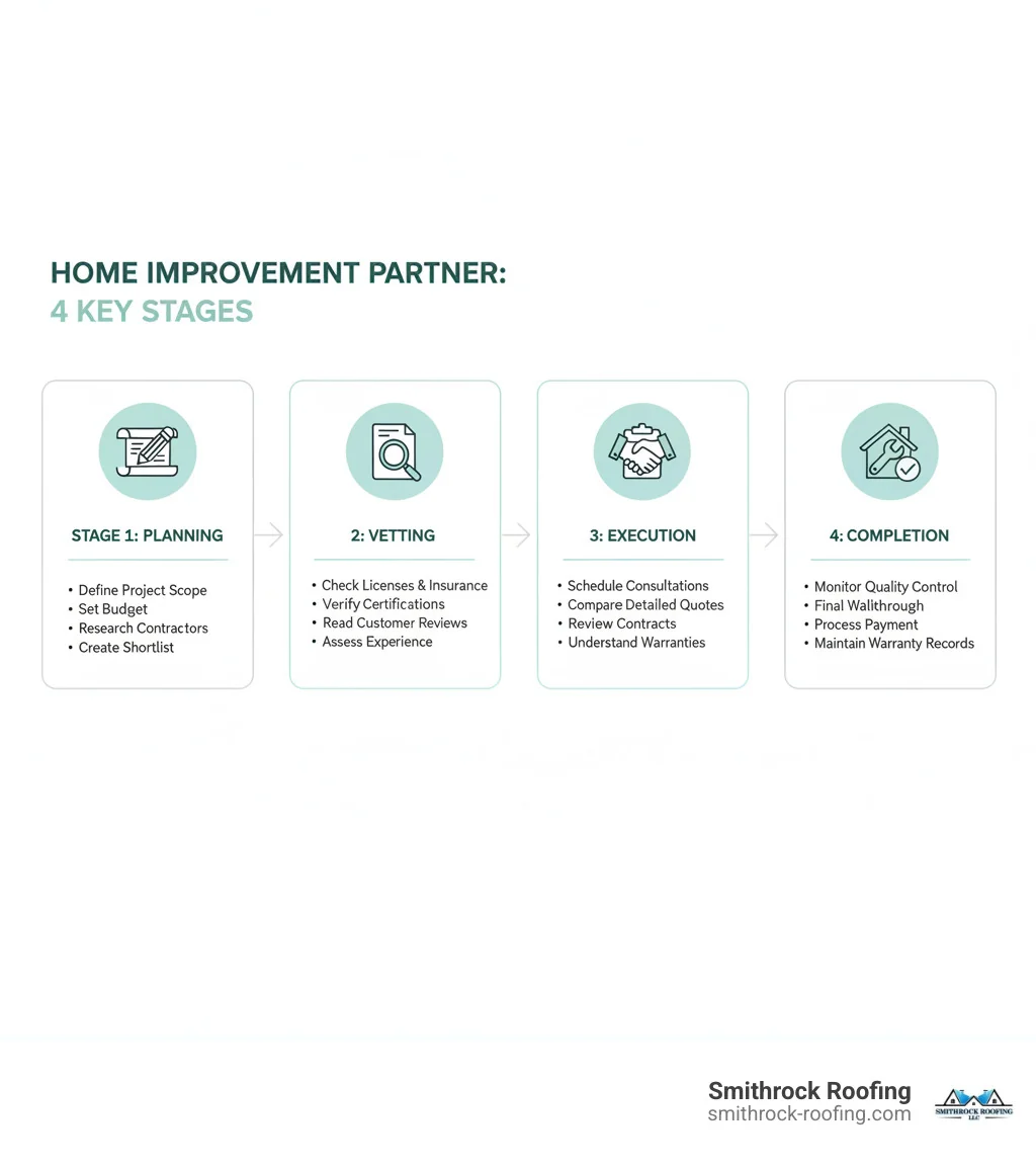 Infographic checklist: 4 stages for selecting a home improvement partner—planning, vetting, execution, and completion.