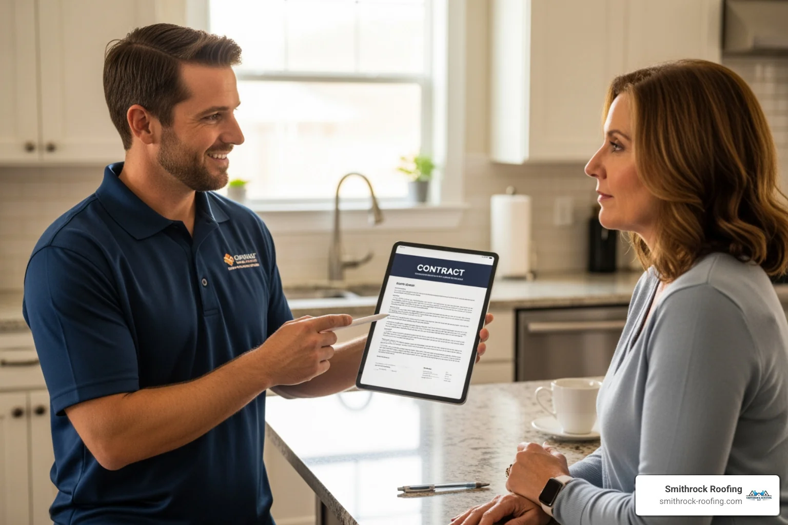 a friendly contractor showing a homeowner a contract on a tablet - roof replacement near me a friendly contractor showing a homeowner a contract on a tablet - roof replacement near me