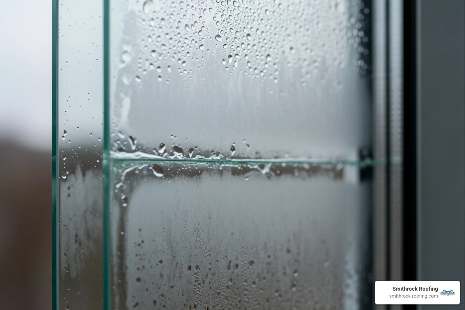 close-up showing water droplets and a hazy film between two panes of glass - replacing misted double glazed units near me close-up showing water droplets and a hazy film between two panes of glass - replacing misted double glazed units near me