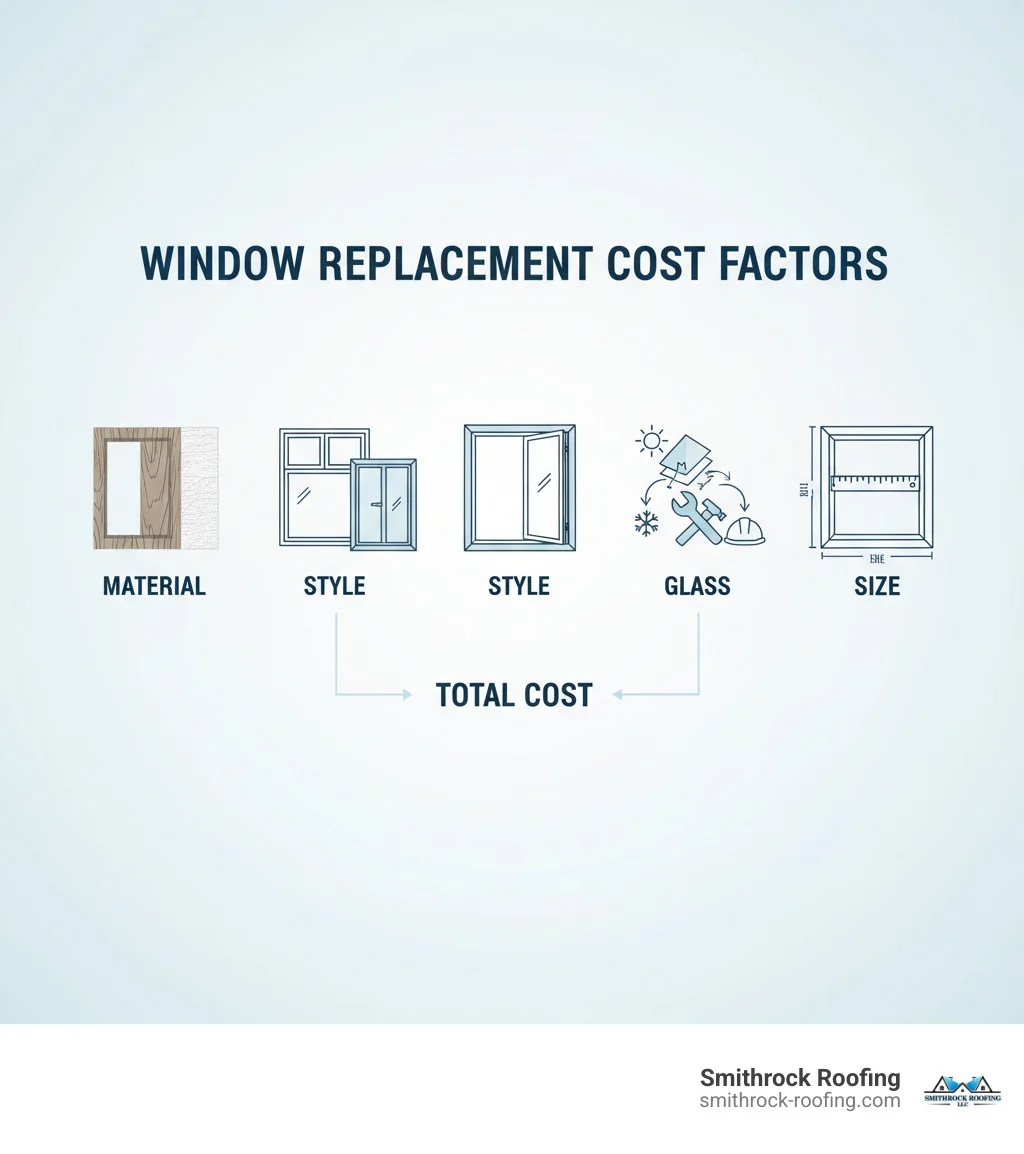 Infographic detailing the main factors influencing window replacement cost: material, style, glass, labor, and size. - window replacement cost infographic Infographic showing key factors affecting window replacement cost: material, style, glass type, labor, and size.