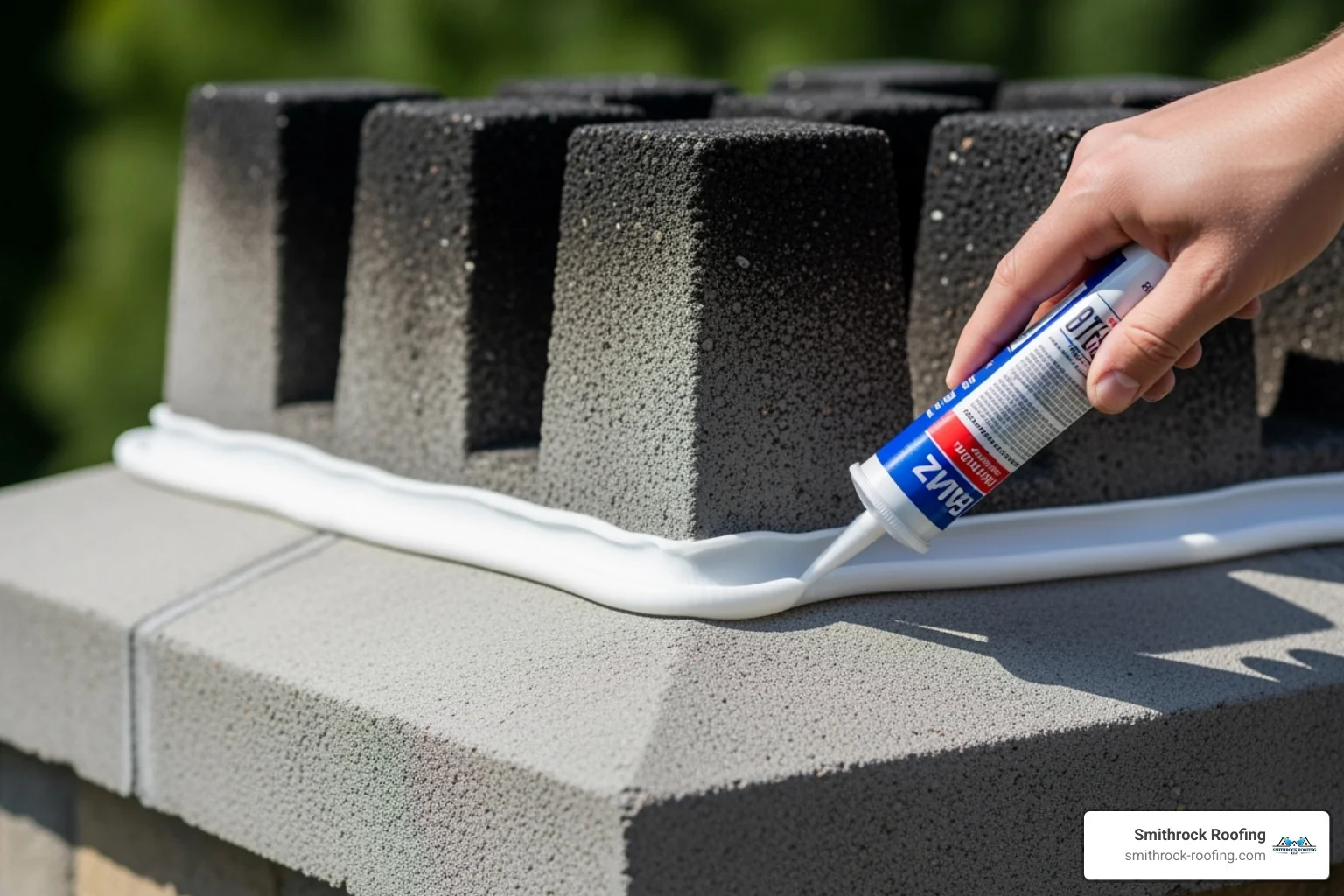 Image showing a bead of silicone caulk being applied to a chimney crown before placing a multi-flue cap. - fireplace cap installation Image showing a bead of silicone caulk being applied to a chimney crown before placing a multi-flue cap. - fireplace cap installation