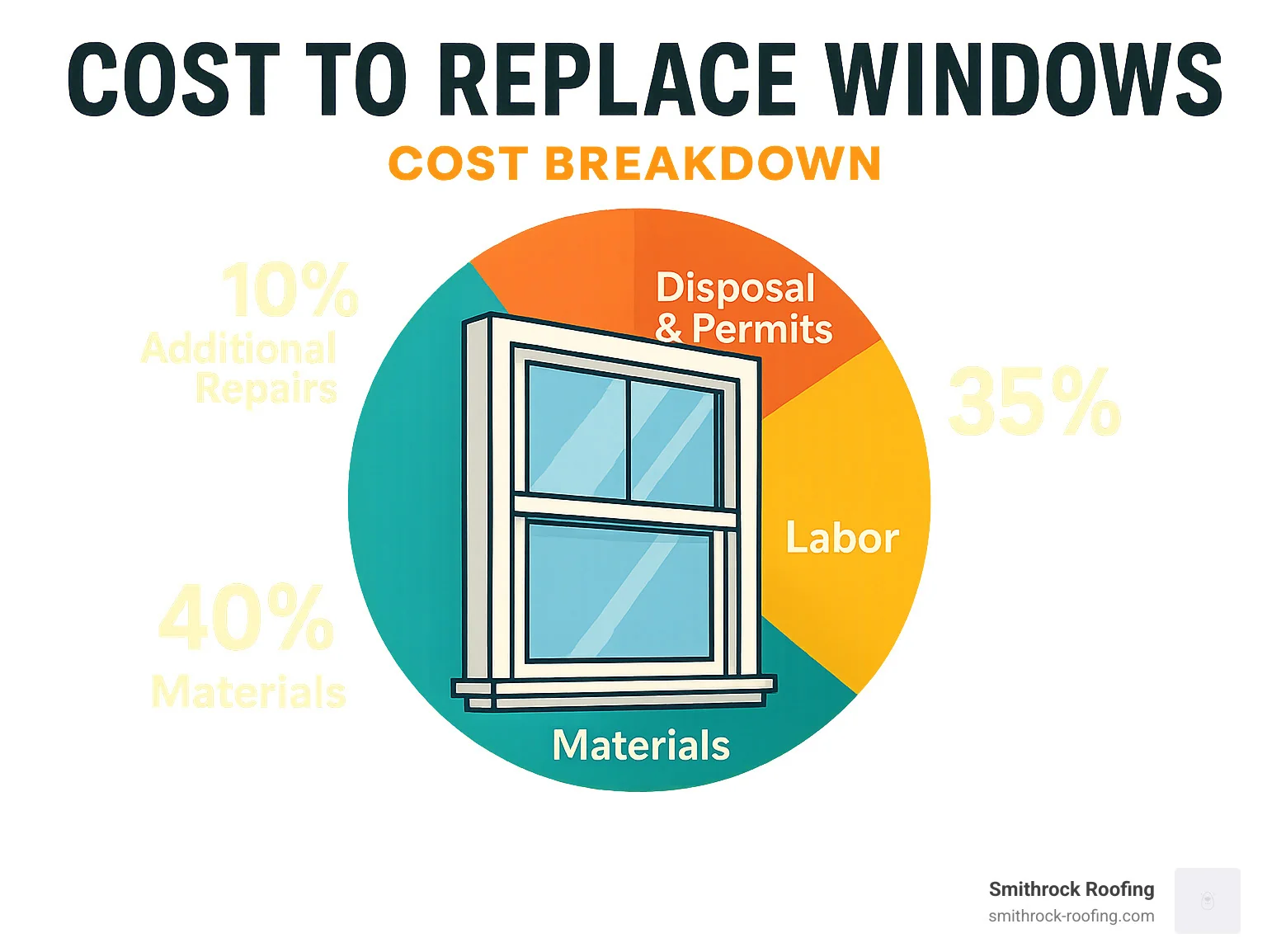 Infographic showing window replacement cost breakdown including materials (40%), labor (35%), disposal and permits (15%), and additional repairs (10%) - cost to replace windows infographic Infographic breaking down window replacement costs: materials 40%, labor 35%, disposal/permits 15%, repairs 10%