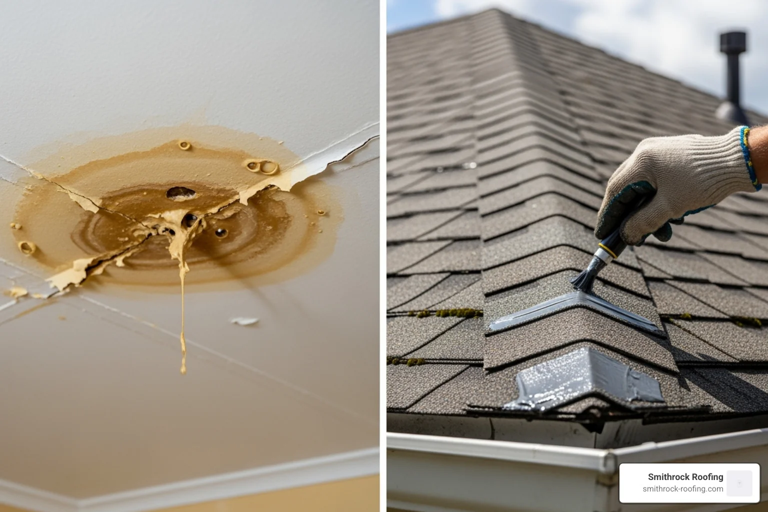 A water-stained ceiling next to an image of a minor shingle repair - roof inspection
