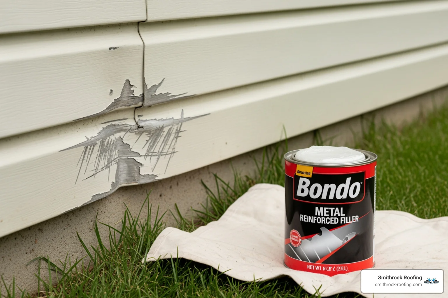 can of Bondo Metal Reinforced Filler next to a damaged siding panel - bondo for aluminum siding can of Bondo Metal Reinforced Filler next to a damaged siding panel - bondo for aluminum siding