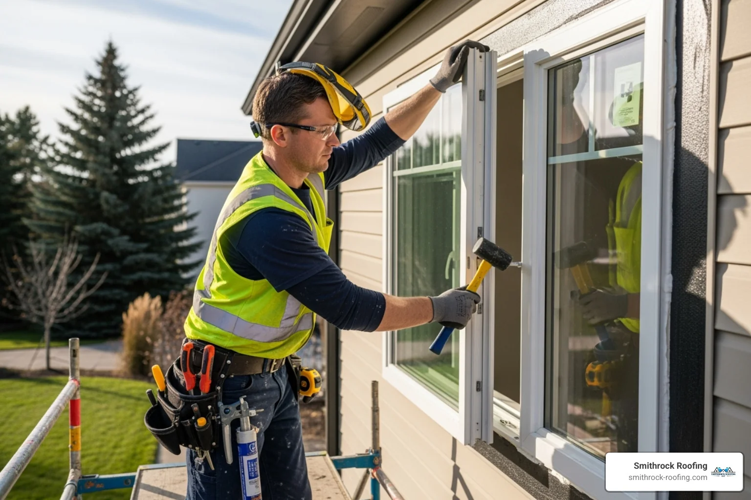 A professional window installer, wearing safety gear, meticulously securing a newly fitted sash window into a prepared opening, ensuring a perfect seal and fit. - sash window costs Professional installer securing a new sash window, ensuring a perfect seal—key to understanding real sash window costs.