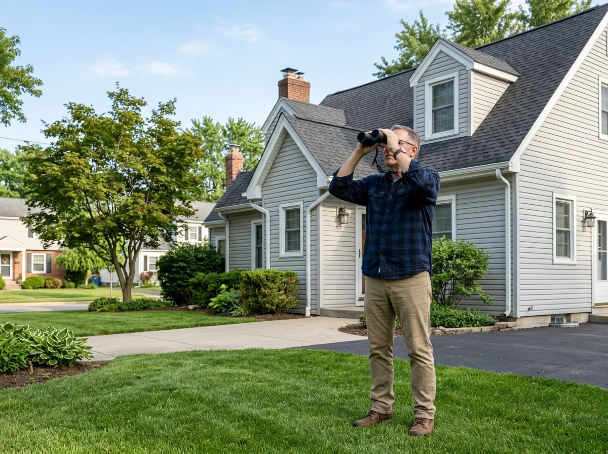 homeowner using binoculars to inspect a roof from the ground safely - diy roof leak repair homeowner using binoculars to inspect a roof from the ground safely - diy roof leak repair