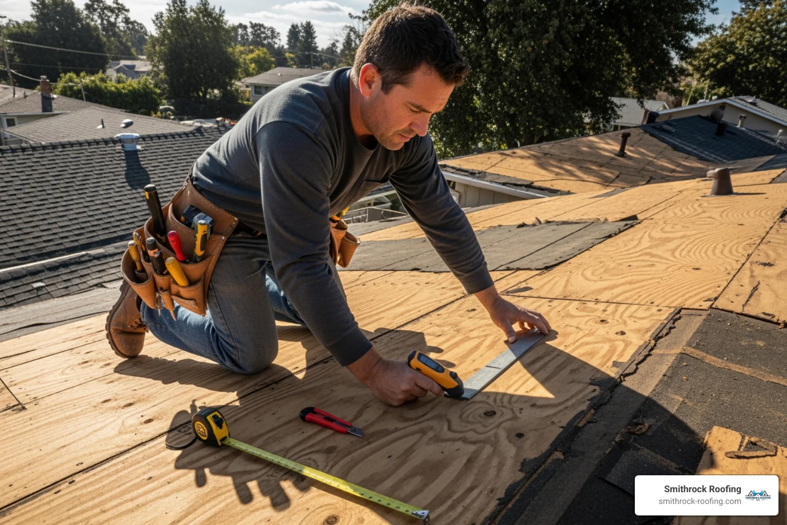 Roofer inspecting roof decking after tear-off - cost to replace 2500 square foot roof Roofer inspecting roof decking after tear-off - cost to replace 2500 square foot roof